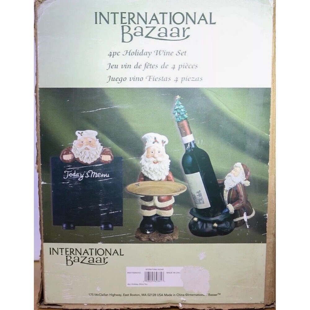 International Bazaar Holiday Christmas Santa Wine Set 4 Piece Holder Stopper WB